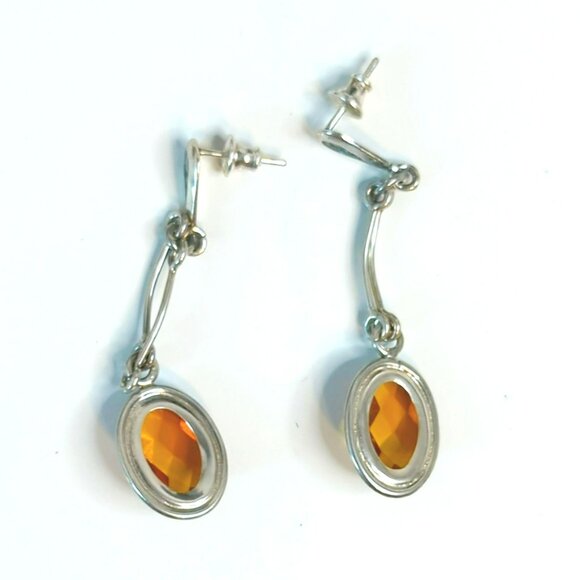 Vintage Sterling Silver Faceted Oval Amber Citrine Dangle Earrings - Picture 3 of 6